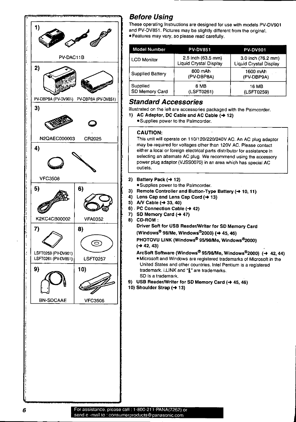 Before using, Standard accessories | Panasonic PV-DV901 User Manual | Page 6 / 72