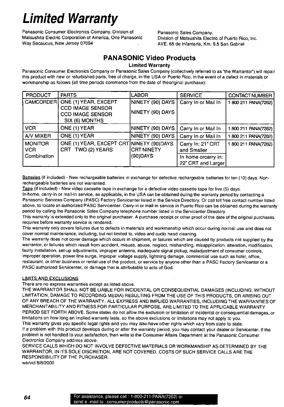 Limited warranty, Panasonic video products | Panasonic PV-DV901 User Manual | Page 64 / 72