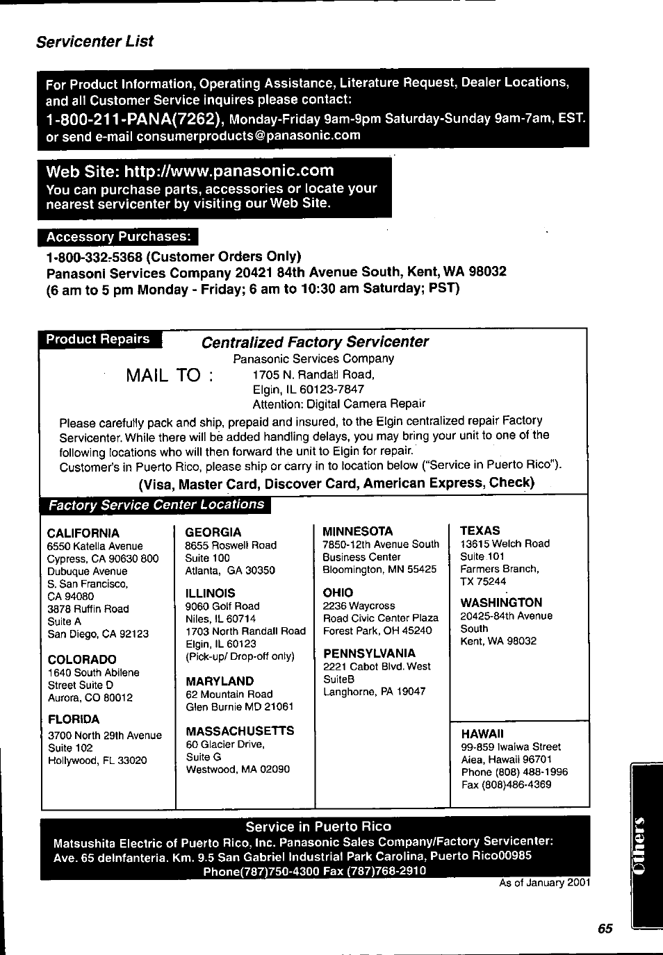 Servicenter list, Web site: http://www.panasonic.com, Centralized factory servicenter | Mail to | Panasonic PV-DV901 User Manual | Page 65 / 72
