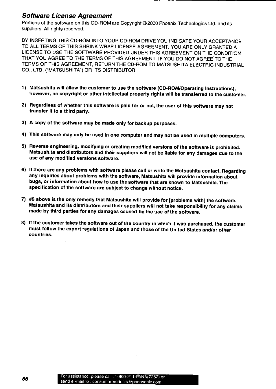 Software license agreement | Panasonic PV-DV901 User Manual | Page 66 / 72