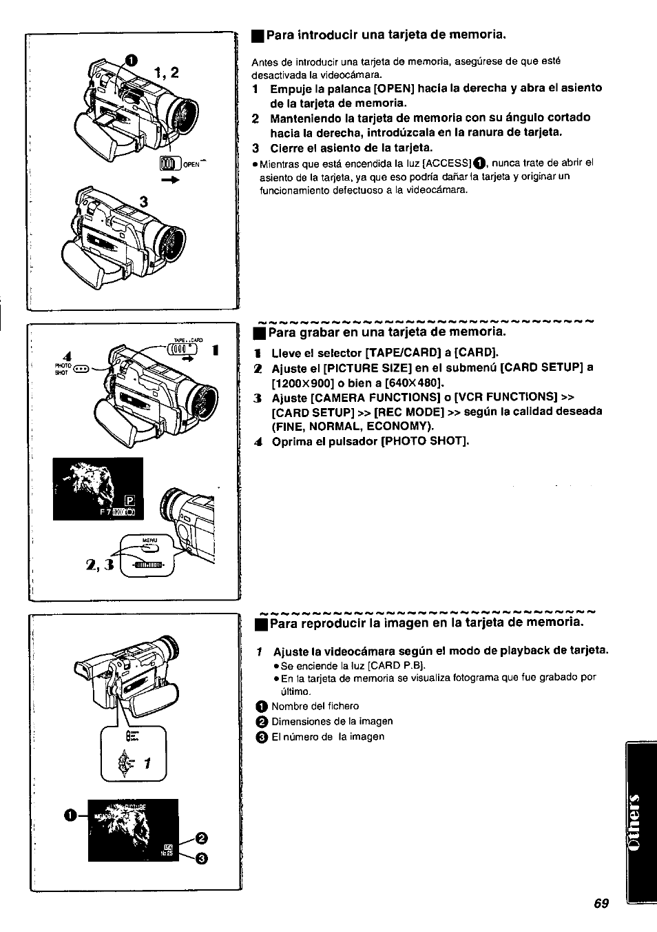 Para introducir una tarjeta de memoria, Para grabar en una tarjeta de memoria, Para reproducir ia imagen en ia tarjeta de memoria | Panasonic PV-DV901 User Manual | Page 69 / 72