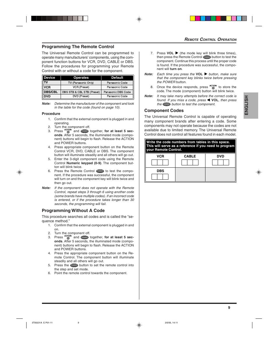 English r, Programming the remote control, Programming without a code | Component codes | Panasonic CT 27SL15 User Manual | Page 11 / 68