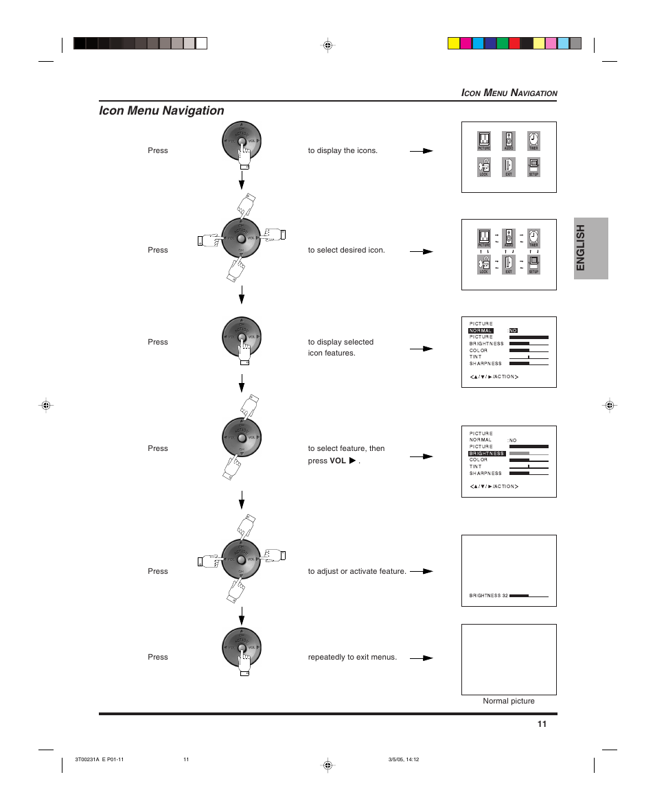 Icon menu navigation, English i | Panasonic CT 27SL15 User Manual | Page 13 / 68