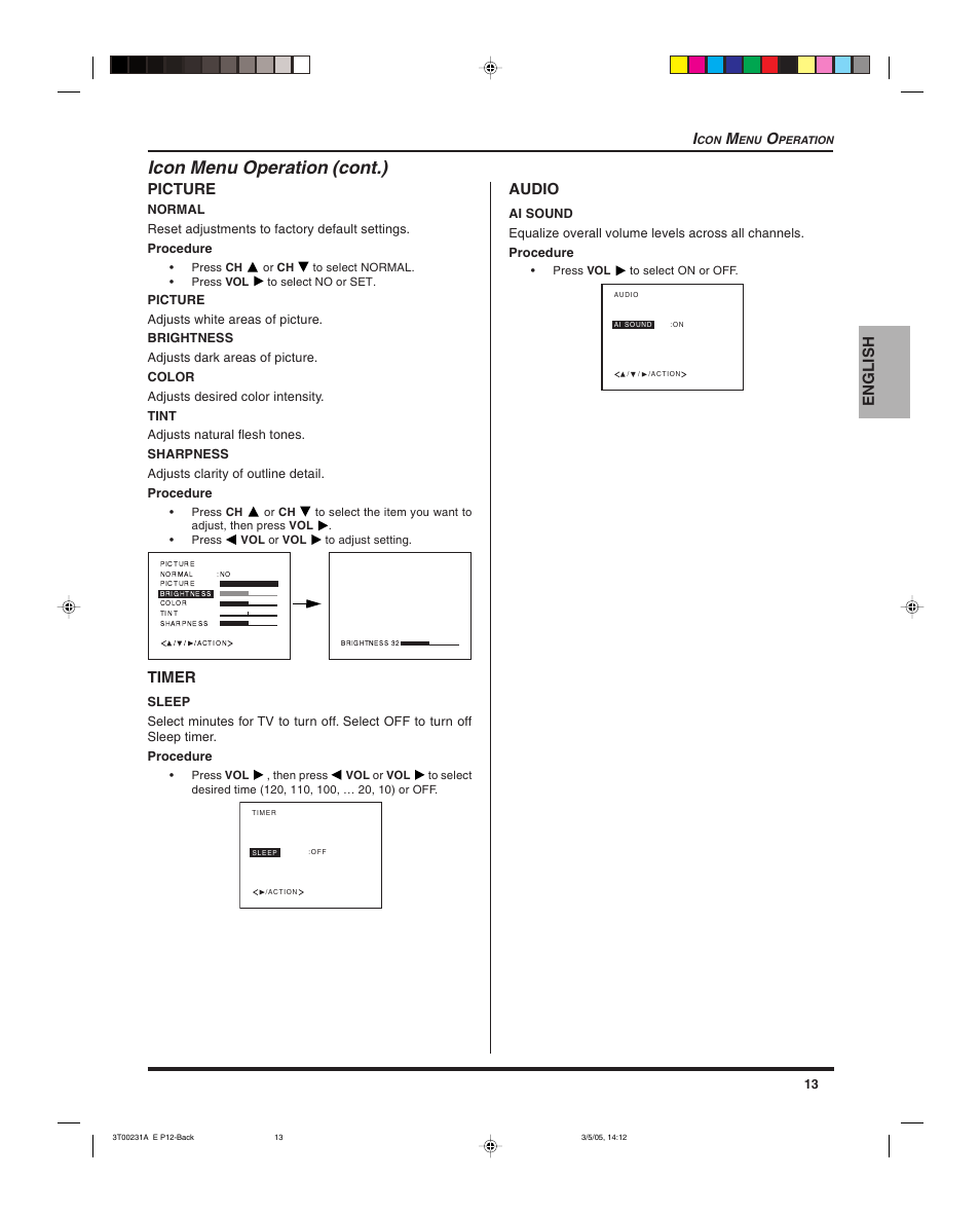 Icon menu operation (cont.), English i, Picture | Timer, Audio | Panasonic CT 27SL15 User Manual | Page 15 / 68