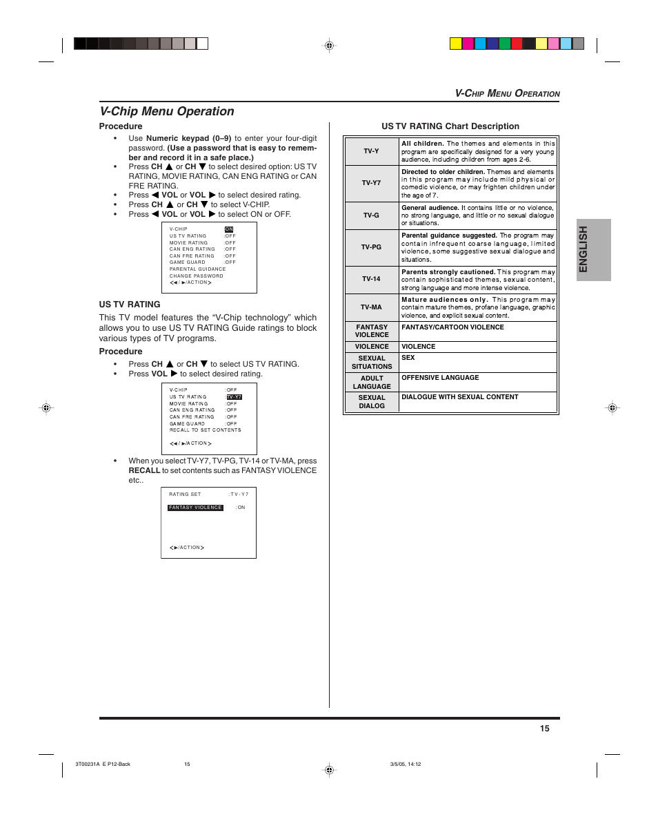 V-chip menu operation, English v-c | Panasonic CT 27SL15 User Manual | Page 17 / 68
