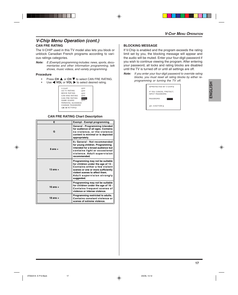 V-chip menu operation (cont.), English | Panasonic CT 27SL15 User Manual | Page 19 / 68