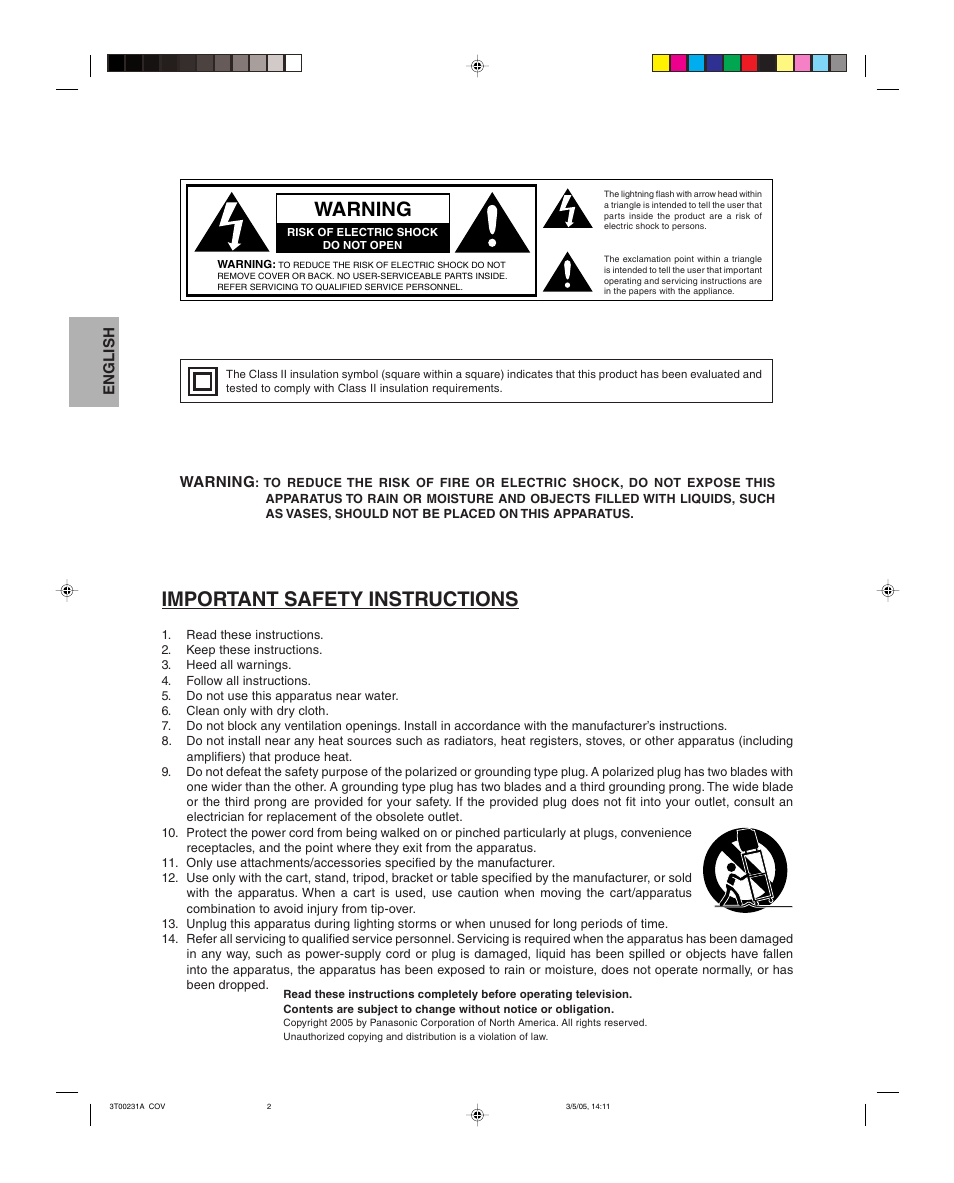 Important safety instructions, Warning | Panasonic CT 27SL15 User Manual | Page 2 / 68