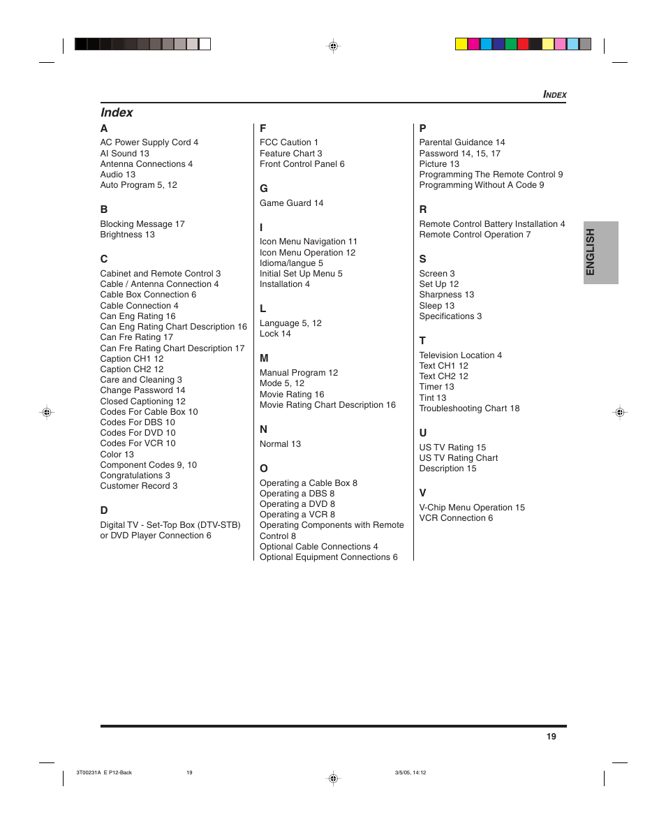 Index | Panasonic CT 27SL15 User Manual | Page 21 / 68