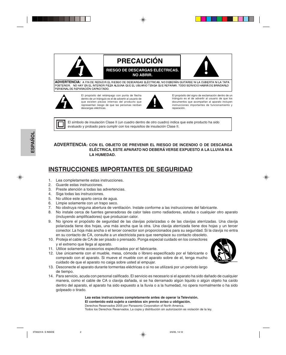Precaución, Instrucciones importantes de seguridad | Panasonic CT 27SL15 User Manual | Page 22 / 68