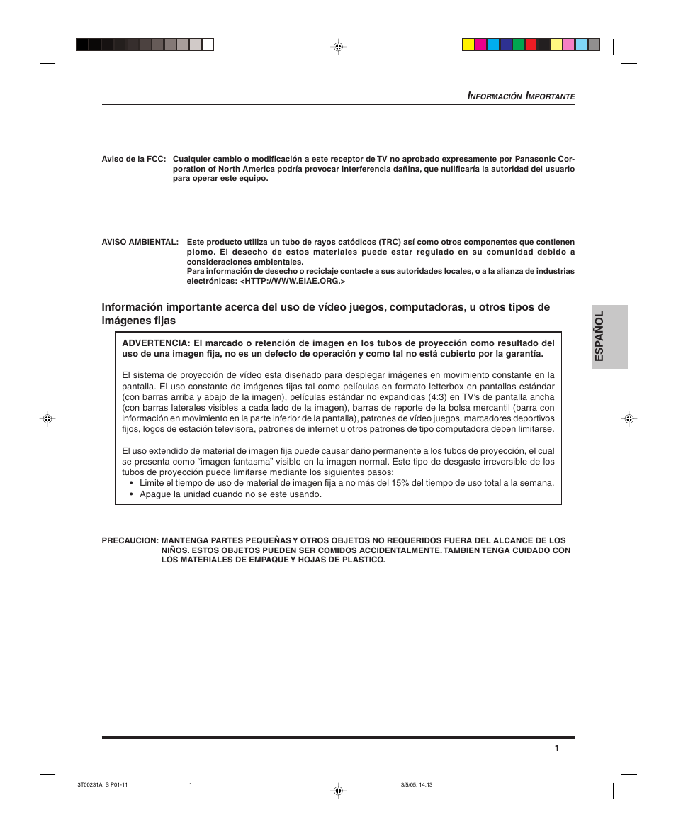 Esp añol | Panasonic CT 27SL15 User Manual | Page 23 / 68