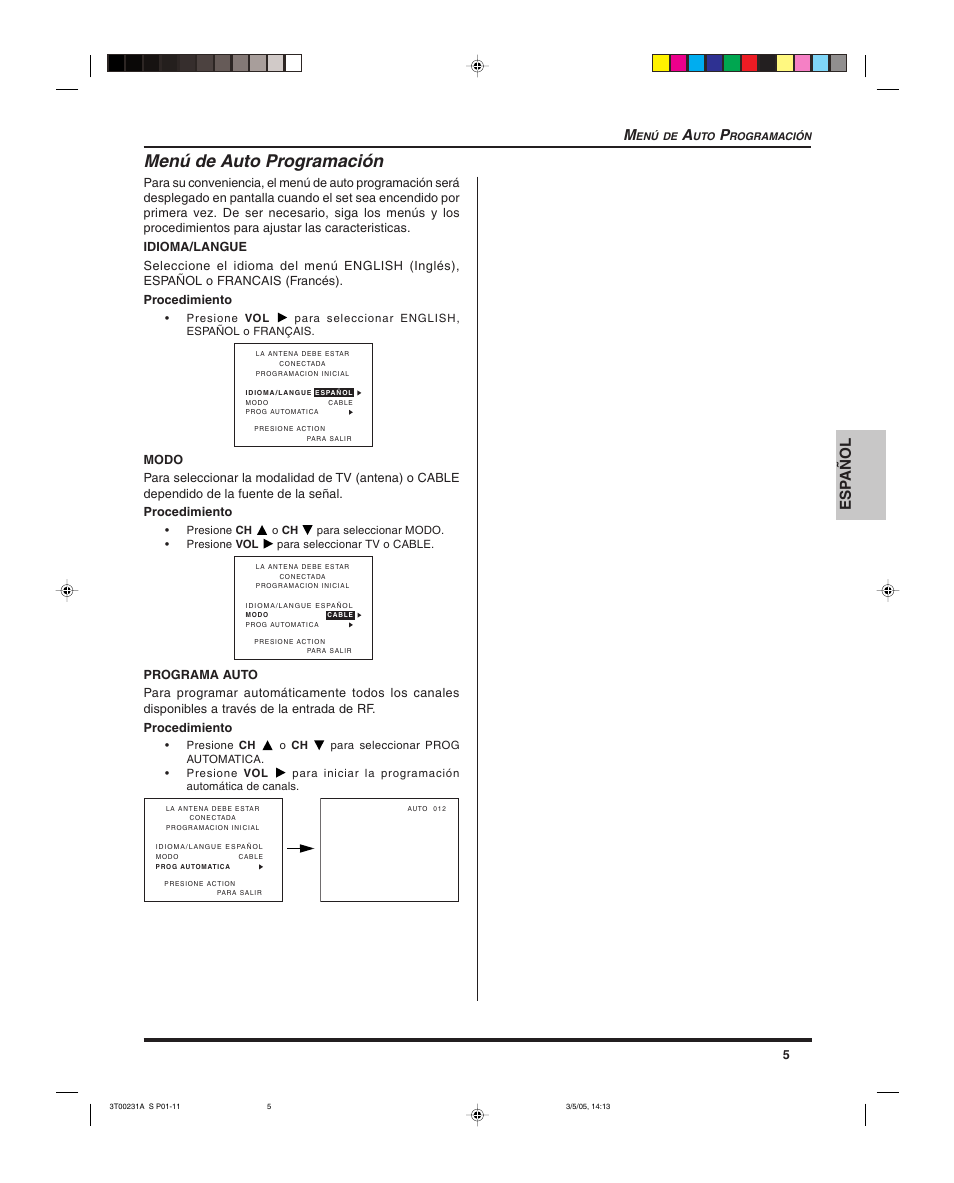 Menu de auto programacion, Menú de auto programación, Esp añol m | Panasonic CT 27SL15 User Manual | Page 27 / 68