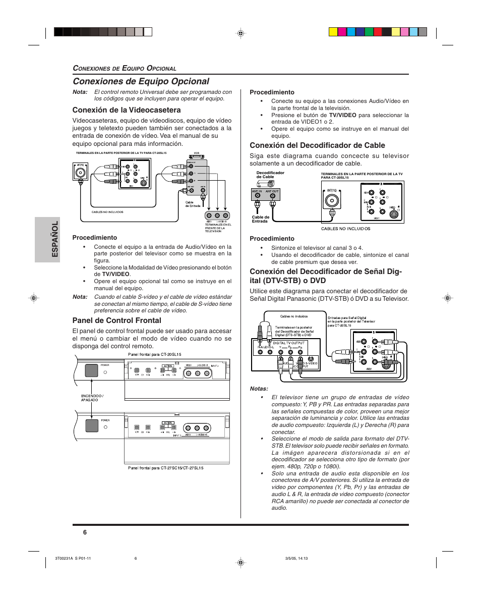 Conexiones de equipo opcional, Esp añol, Conexión de la videocasetera | Panel de control frontal, Conexión del decodificador de cable | Panasonic CT 27SL15 User Manual | Page 28 / 68