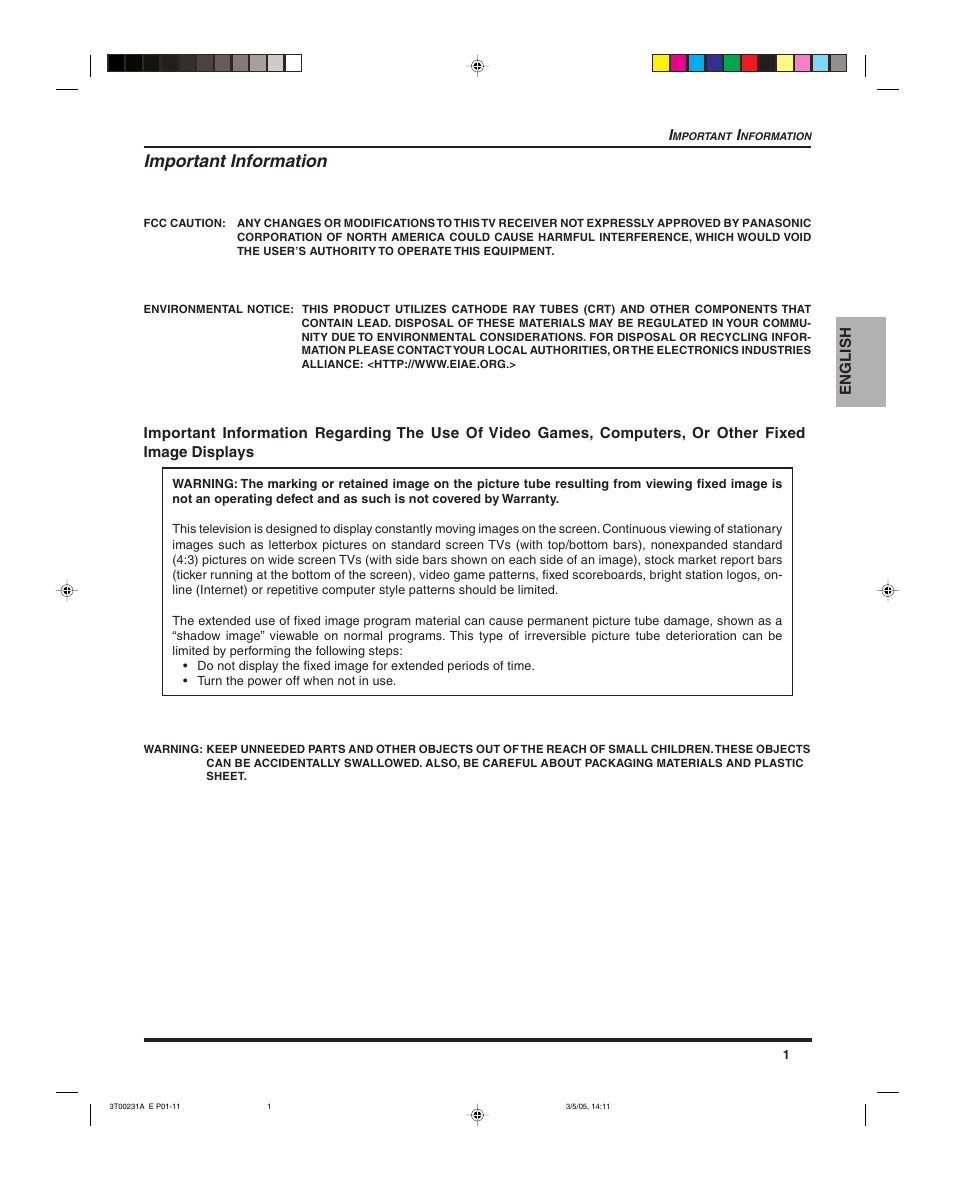 Important information | Panasonic CT 27SL15 User Manual | Page 3 / 68