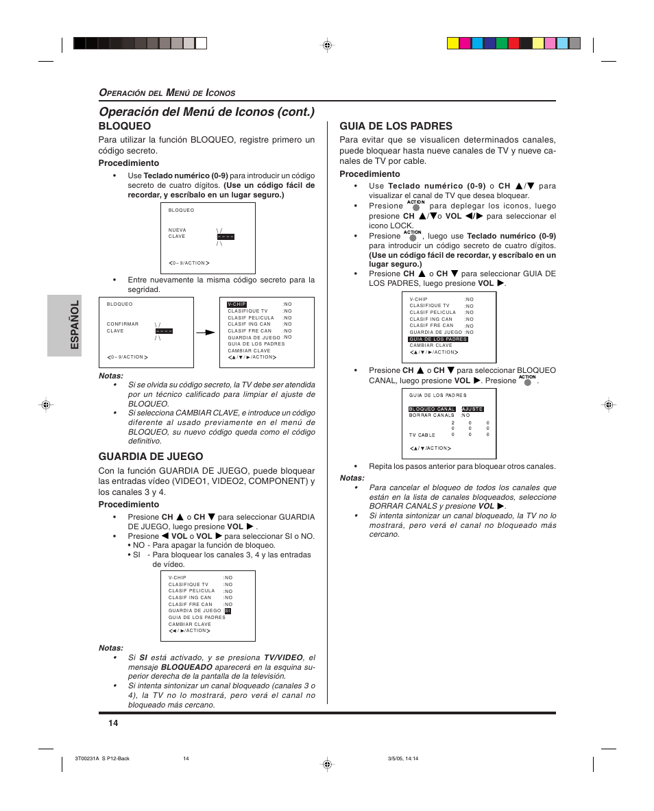 Operación del menú de iconos (cont.), Esp añol o, Bloqueo | Guardia de juego, Guia de los padres | Panasonic CT 27SL15 User Manual | Page 36 / 68