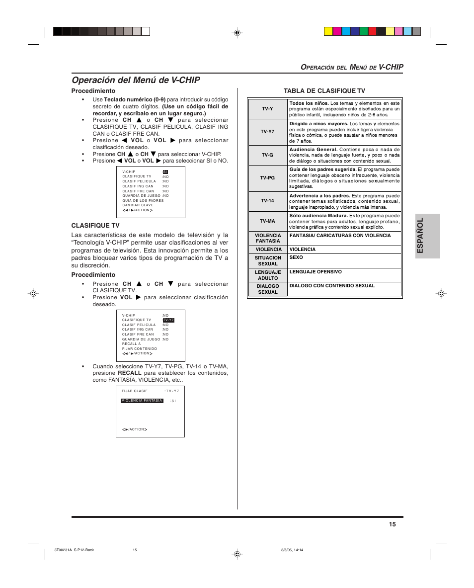 Operacion del menu de v-chip, Operación del menú de v-chip, Esp añol o | V-chip | Panasonic CT 27SL15 User Manual | Page 37 / 68