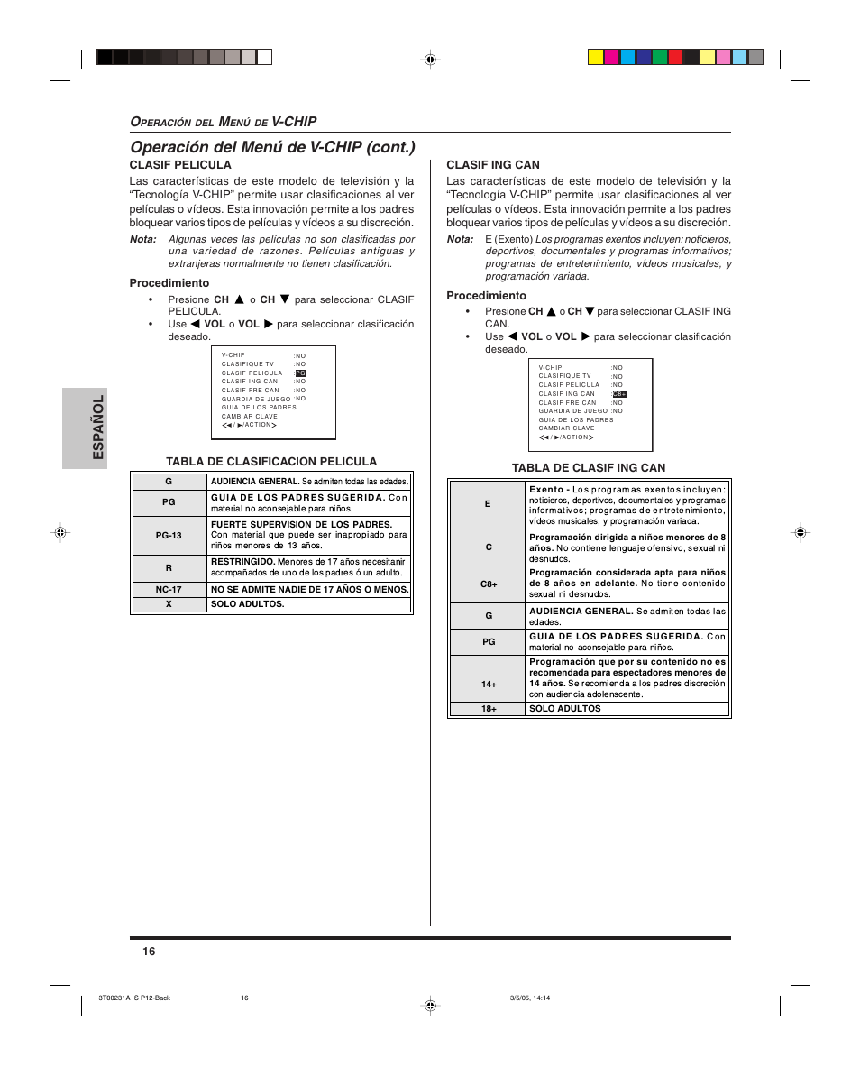 Operación del menú de v-chip (cont.), Esp añol o, V-chip | Panasonic CT 27SL15 User Manual | Page 38 / 68