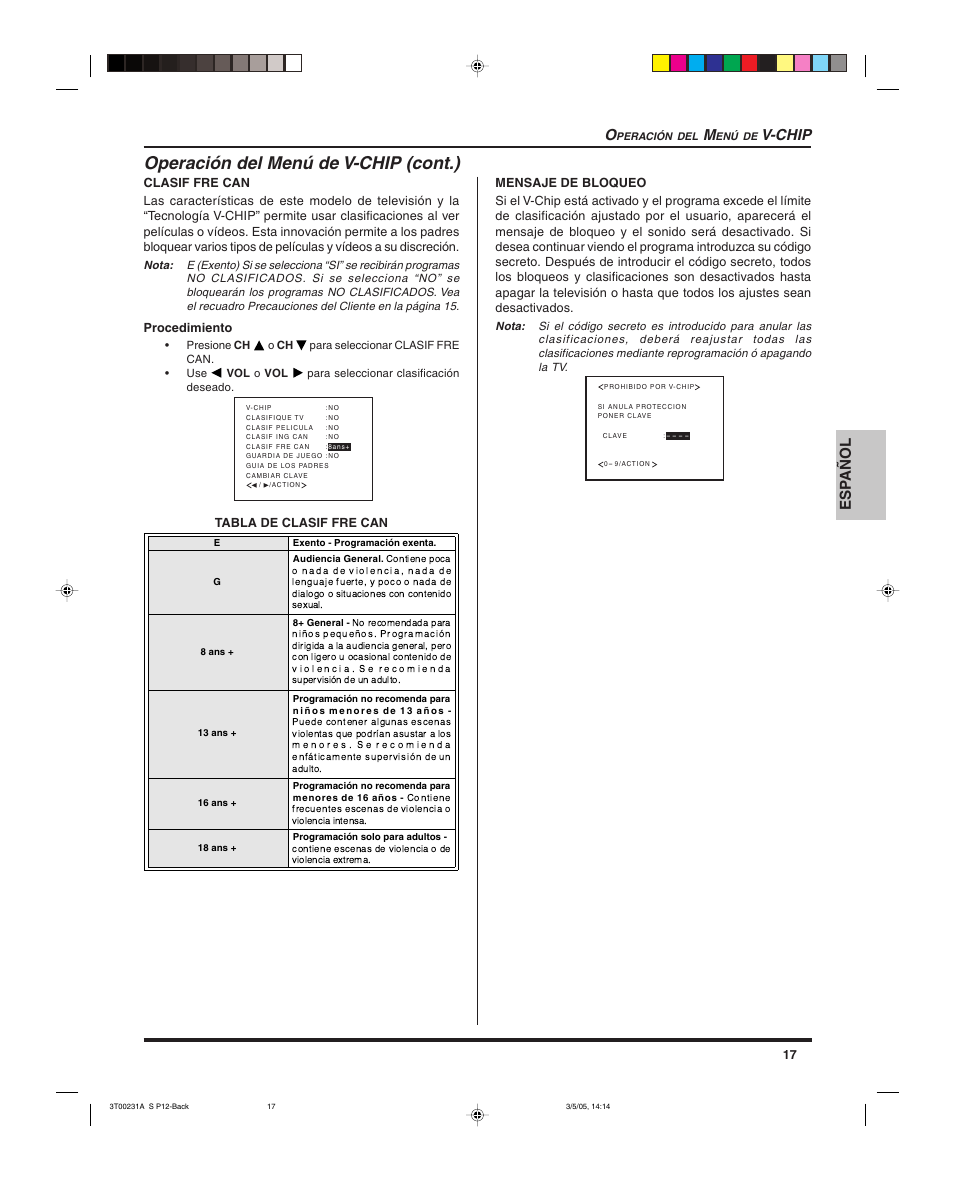 Operación del menú de v-chip (cont.), Esp añol, V-chip | Panasonic CT 27SL15 User Manual | Page 39 / 68