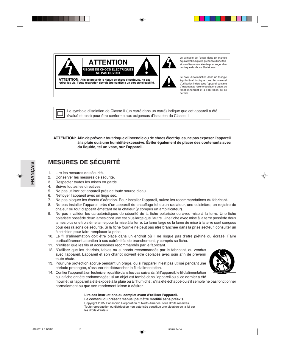 Attention, Mesures de sécurité | Panasonic CT 27SL15 User Manual | Page 42 / 68