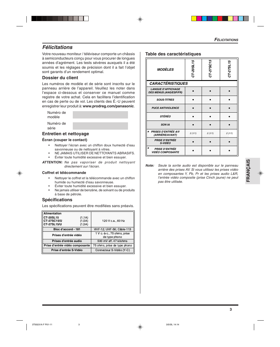 Felicitations, Félicitations, Français | Dossier du client, Entretien et nettoyage, Spécifications, Table des caractéristiques f | Panasonic CT 27SL15 User Manual | Page 45 / 68