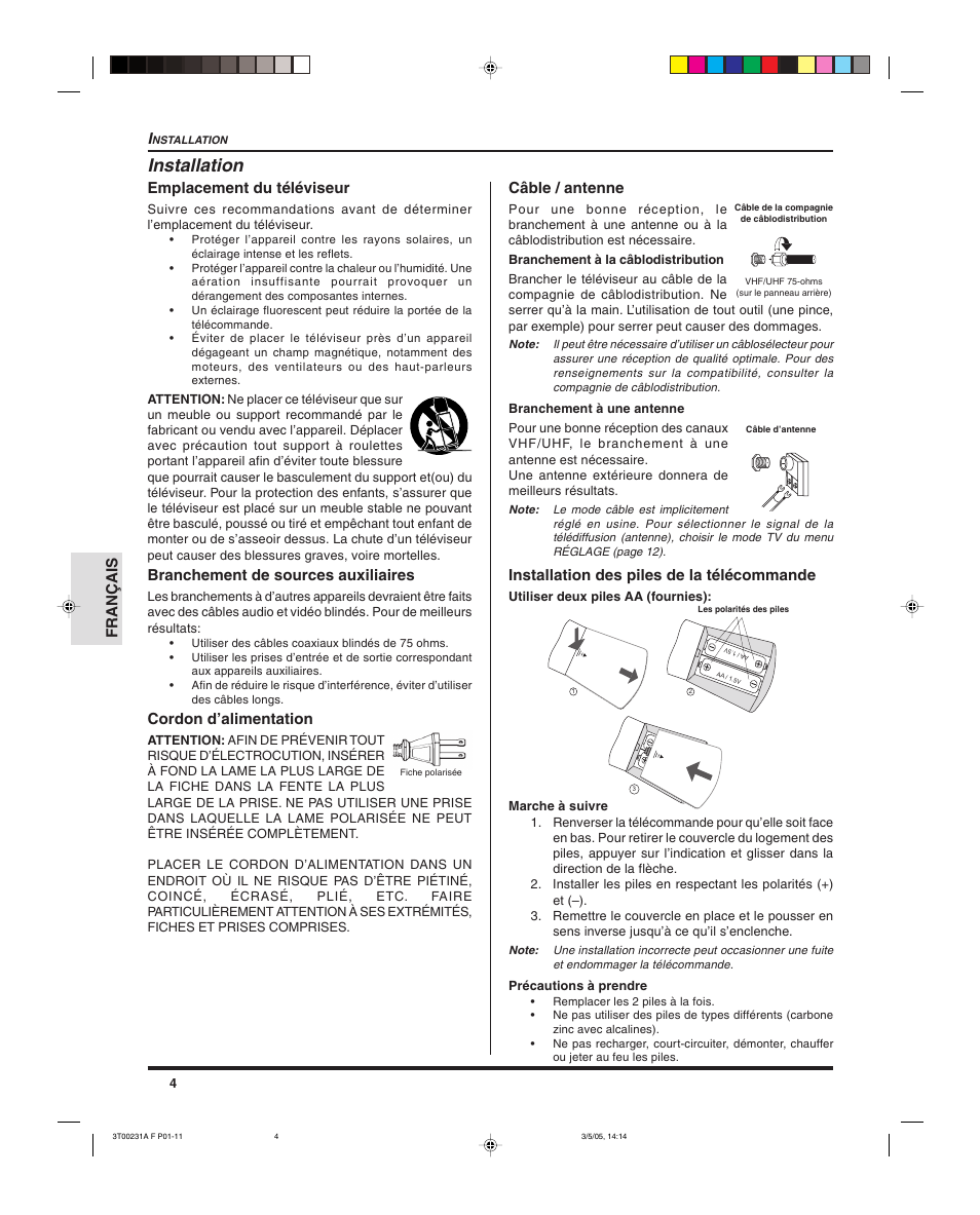 Installation, Français, Emplacement du téléviseur | Branchement de sources auxiliaires, Cordon d’alimentation, Câble / antenne, Installation des piles de la télécommande | Panasonic CT 27SL15 User Manual | Page 46 / 68