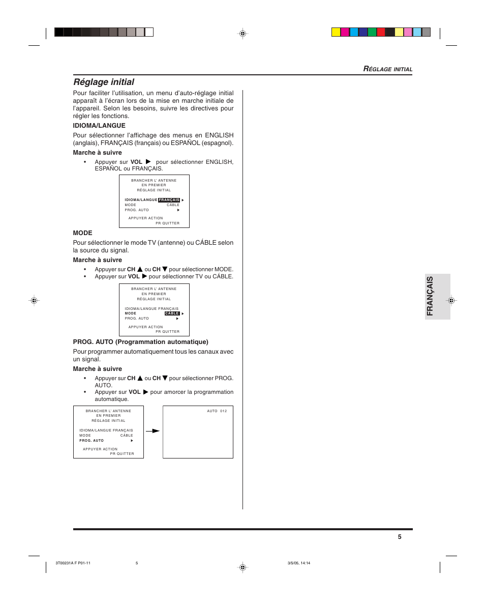 Reglage initial, Réglage initial, Français r | Panasonic CT 27SL15 User Manual | Page 47 / 68