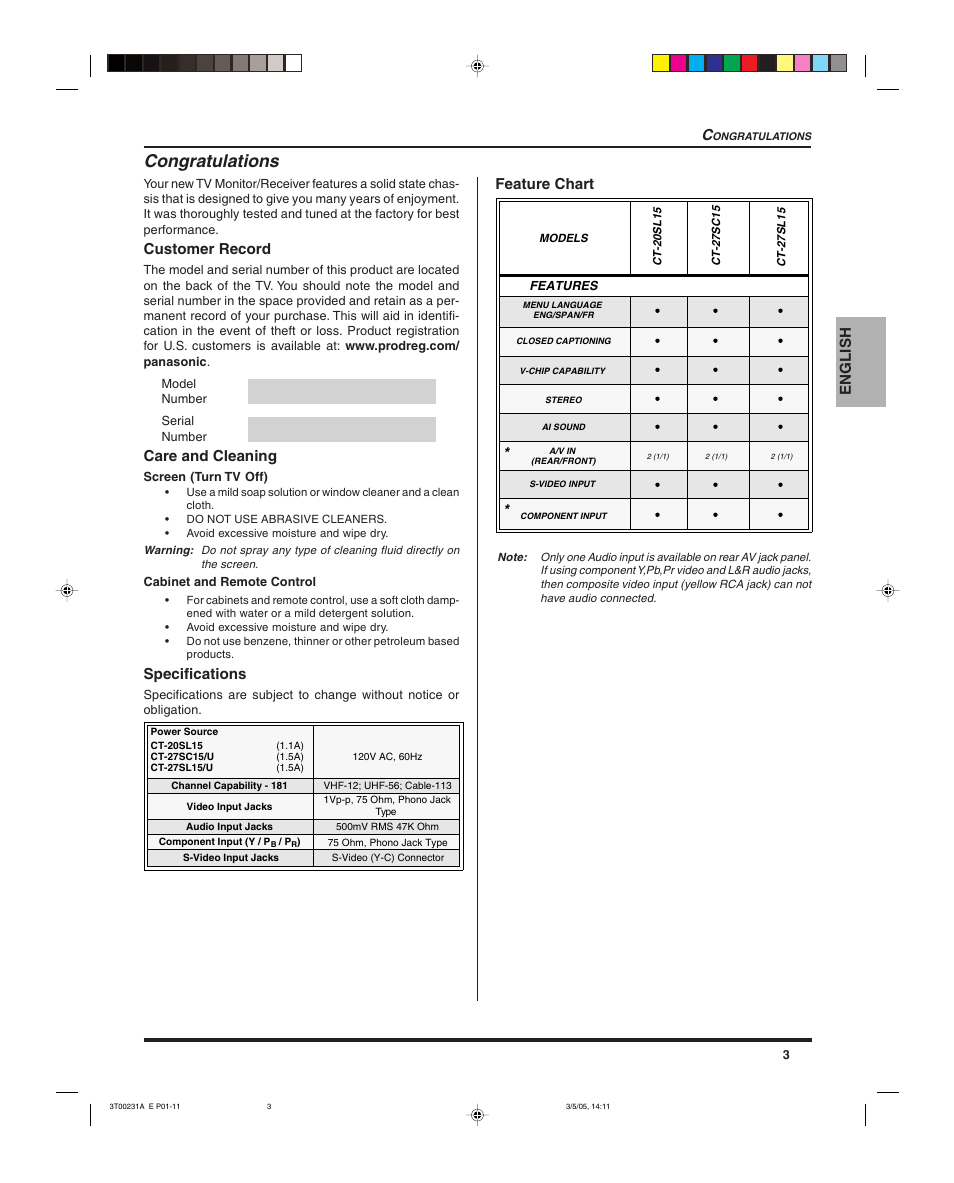 Congratulations | Panasonic CT 27SL15 User Manual | Page 5 / 68