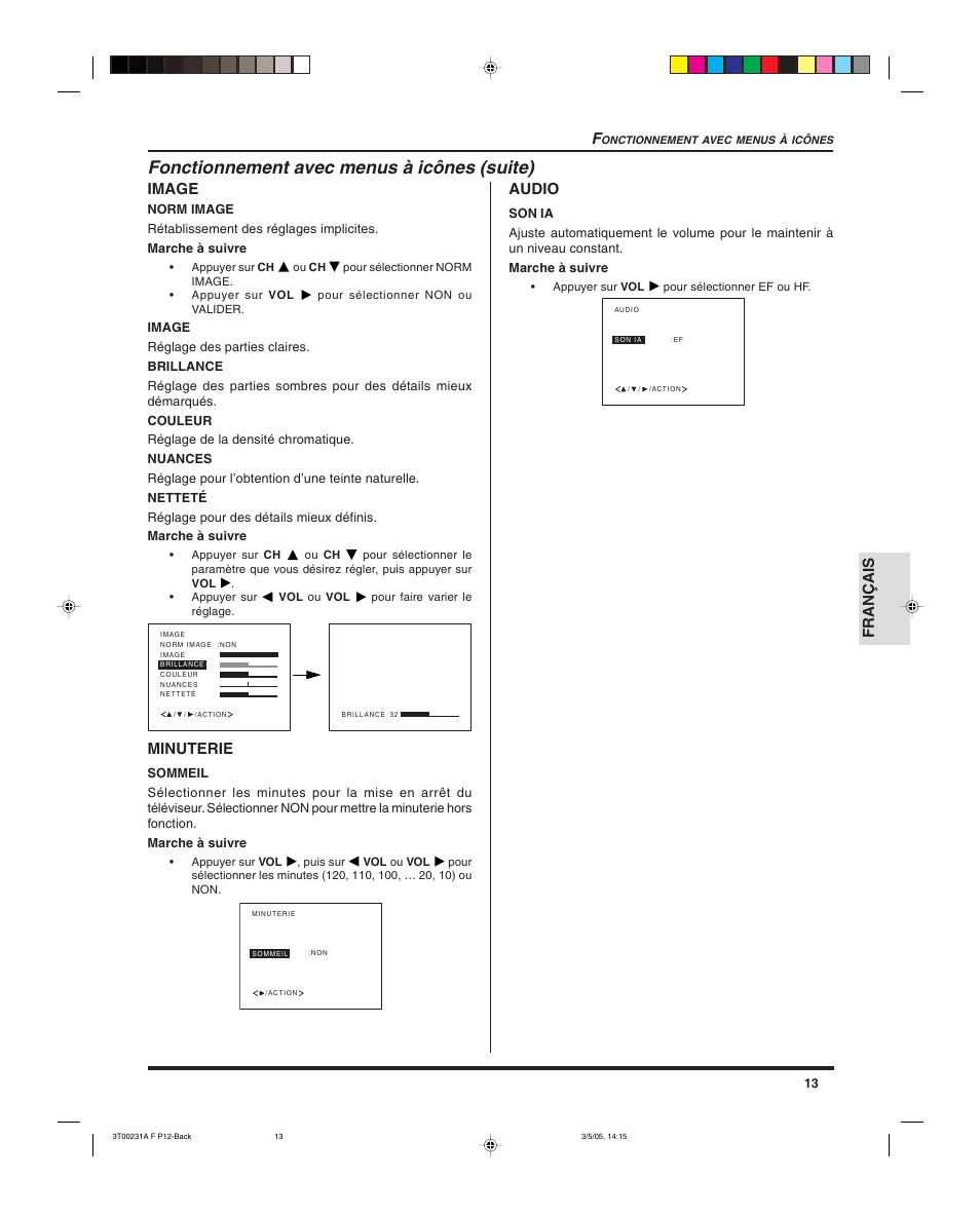 Fonctionnement avec menus à icônes (suite), Français f, Image | Minuterie, Audio | Panasonic CT 27SL15 User Manual | Page 55 / 68