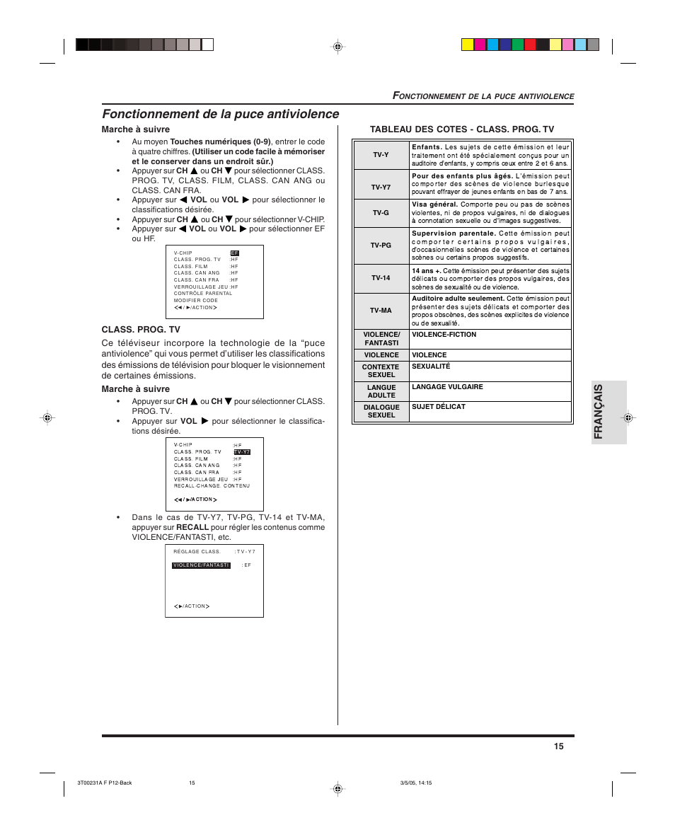 Fonctionnement de la puce antiviolence, Français f | Panasonic CT 27SL15 User Manual | Page 57 / 68