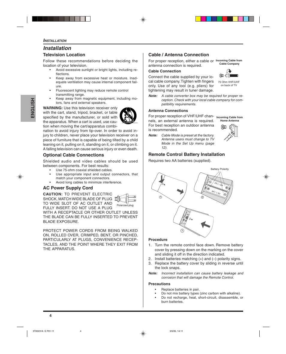 Installation, English, Television location | Optional cable connections, Ac power supply cord, Cable / antenna connection, Remote control battery installation | Panasonic CT 27SL15 User Manual | Page 6 / 68