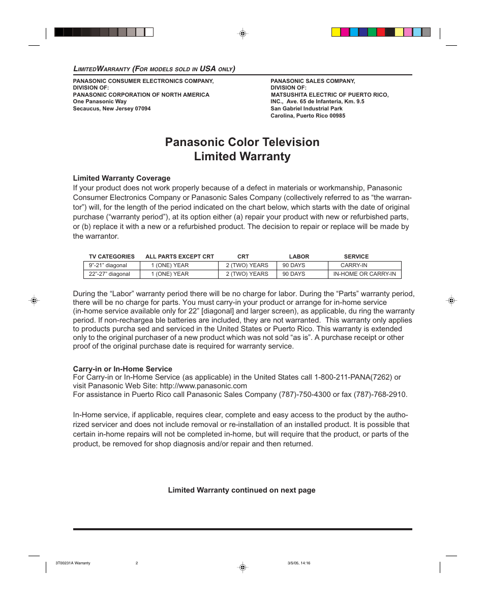 Panasonic color television limited warranty | Panasonic CT 27SL15 User Manual | Page 62 / 68