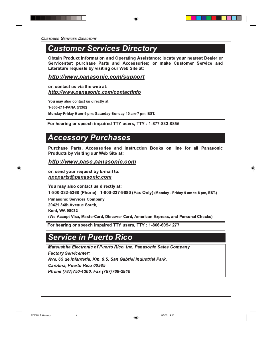 Service in puerto rico, Accessory purchases, Customer services directory | Panasonic CT 27SL15 User Manual | Page 64 / 68