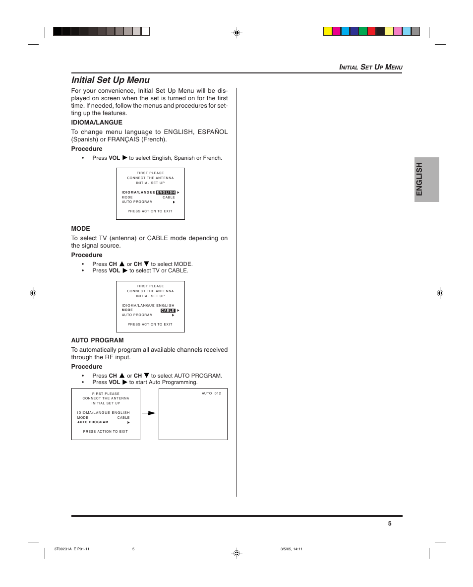 Initial setup menu, Initial set up menu, English i | Panasonic CT 27SL15 User Manual | Page 7 / 68
