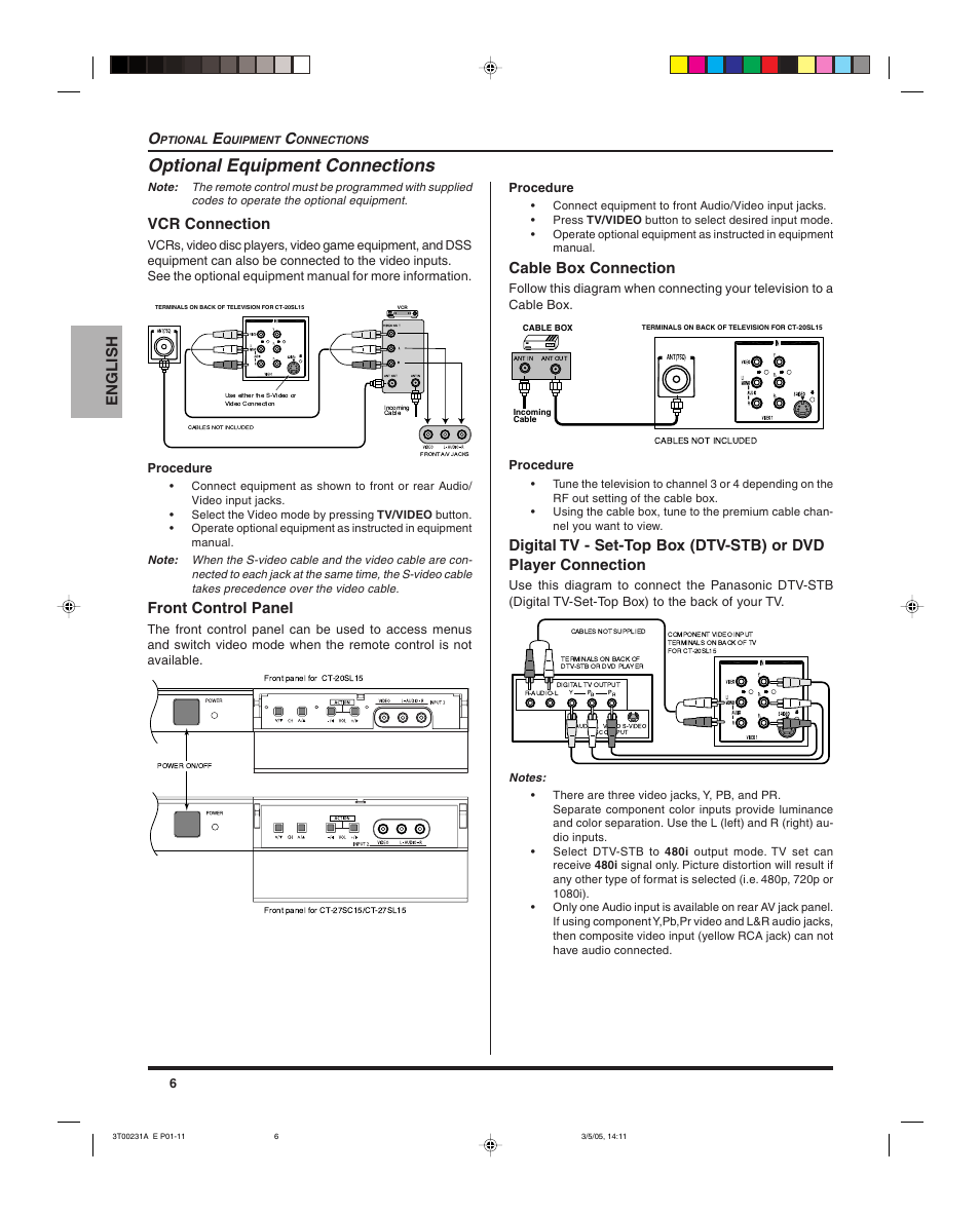 Optional equipment connections, English, Vcr connection | Front control panel, Cable box connection | Panasonic CT 27SL15 User Manual | Page 8 / 68