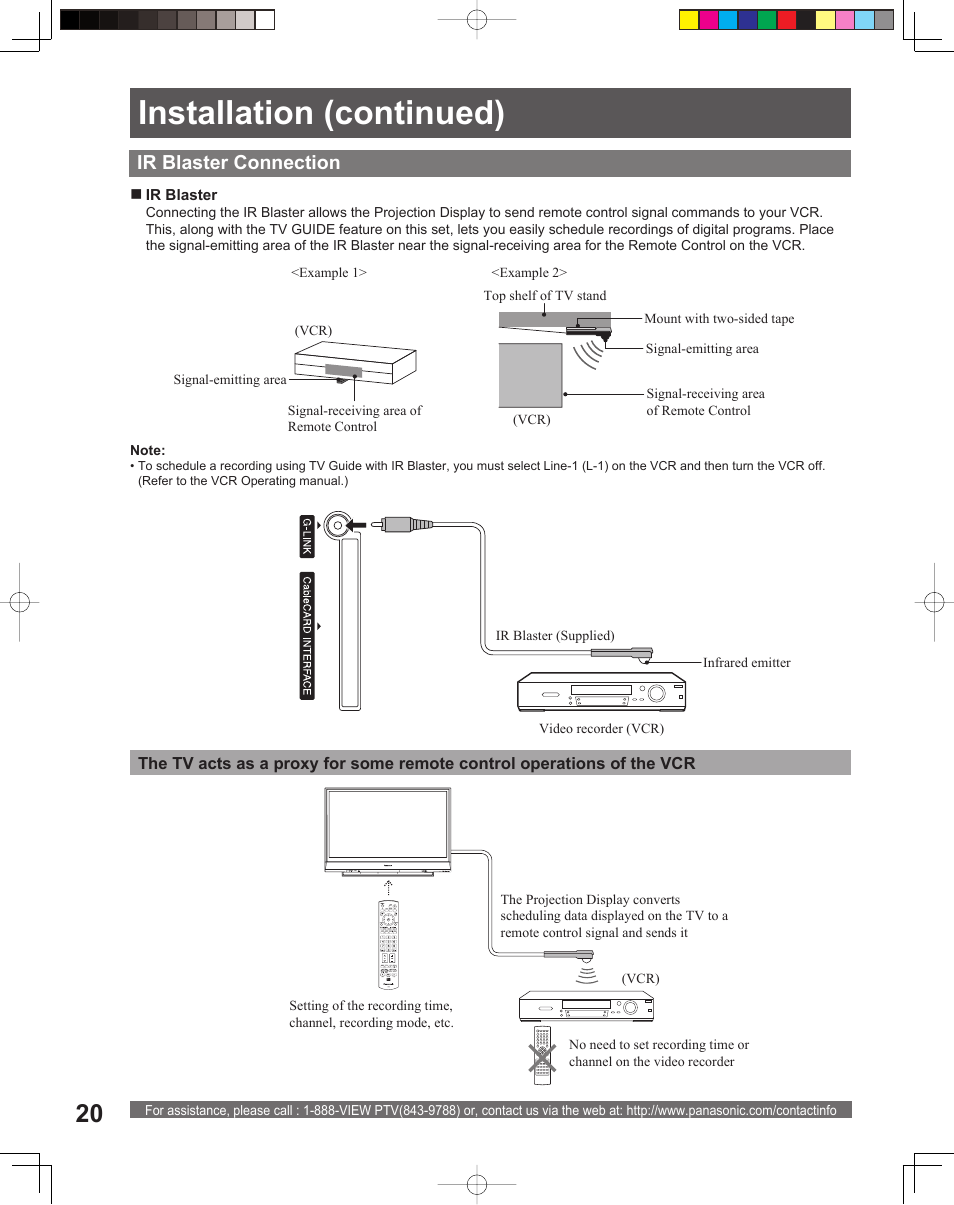 Installation (continued), Ir blaster connection | Panasonic PT-61DLX26 User Manual | Page 20 / 92