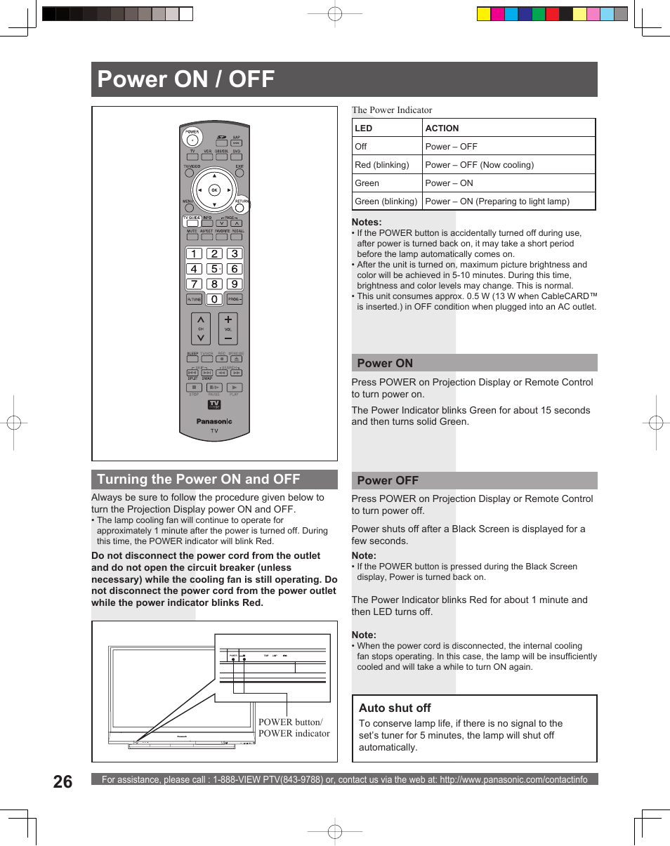 Use now, Power on / off, Turning the power on and off | Panasonic PT-61DLX26 User Manual | Page 26 / 92