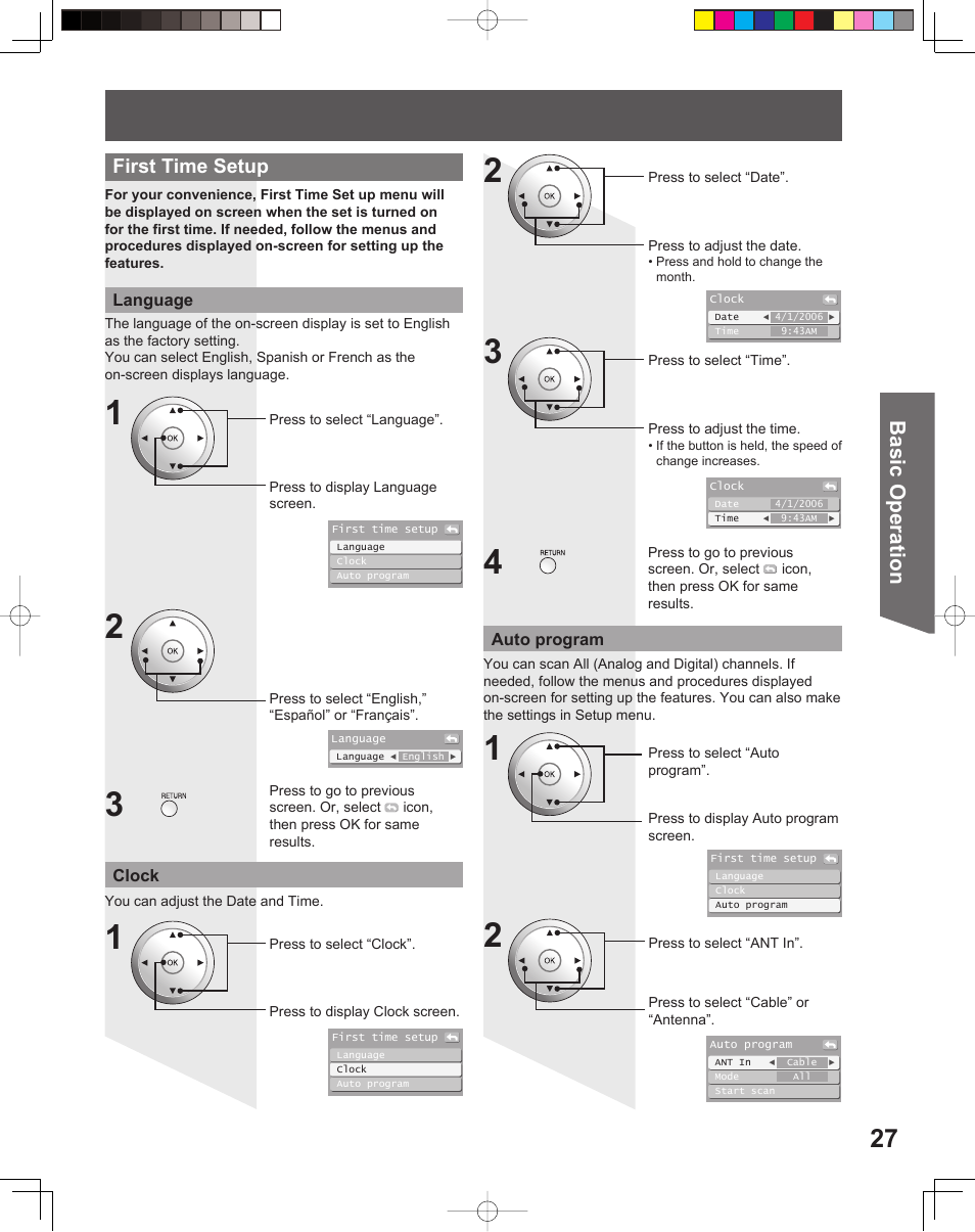 Basic operation, First time setup | Panasonic PT-61DLX26 User Manual | Page 27 / 92