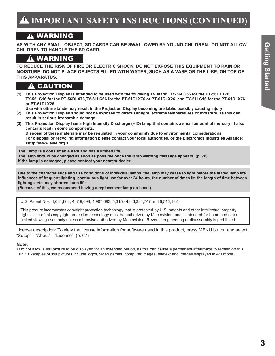 Important safety instructions (continued), Gett in g s ta rt e d, Warning | Warning caution | Panasonic PT-61DLX26 User Manual | Page 3 / 92