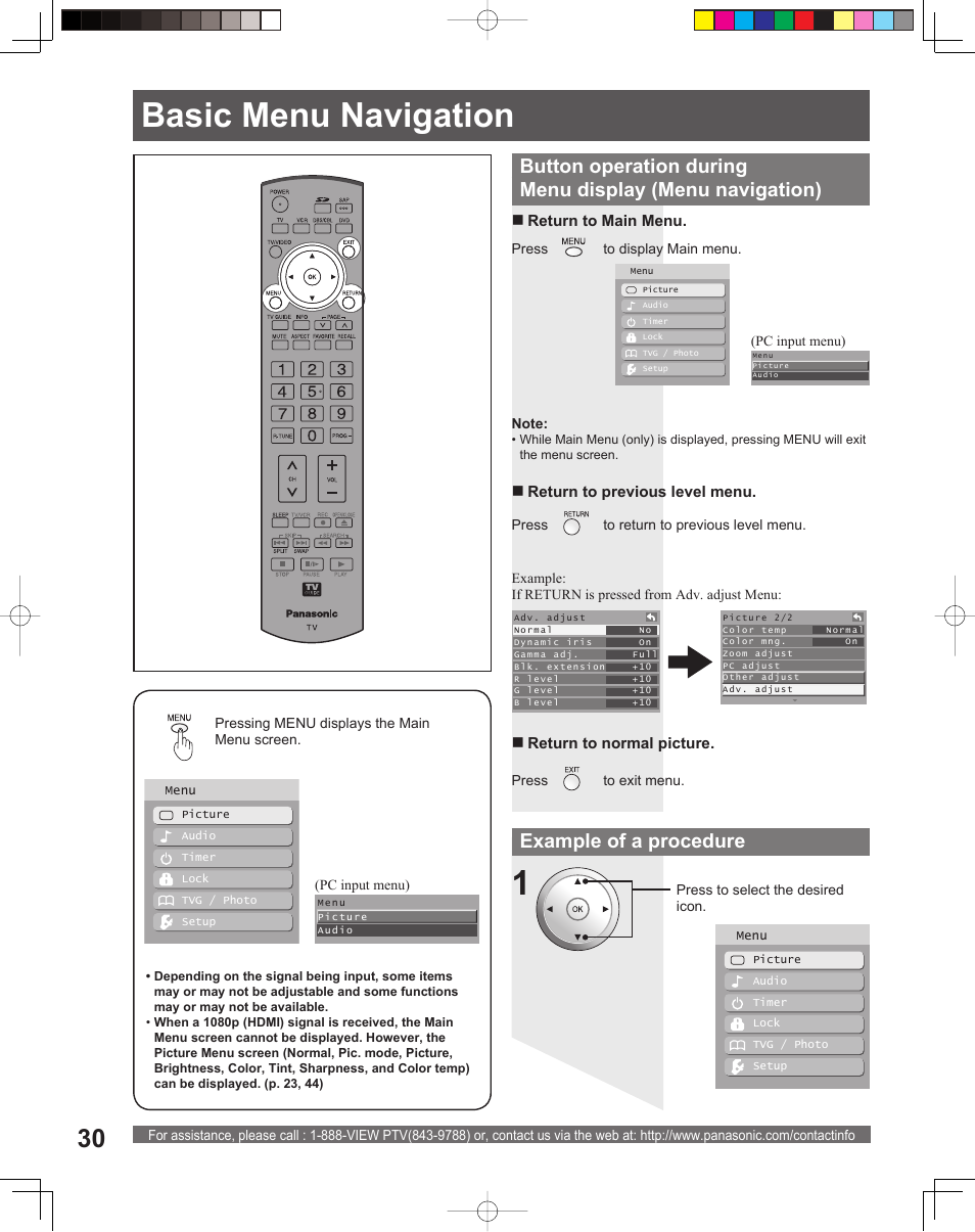 Basic menu navigation, Example of a procedure | Panasonic PT-61DLX26 User Manual | Page 30 / 92