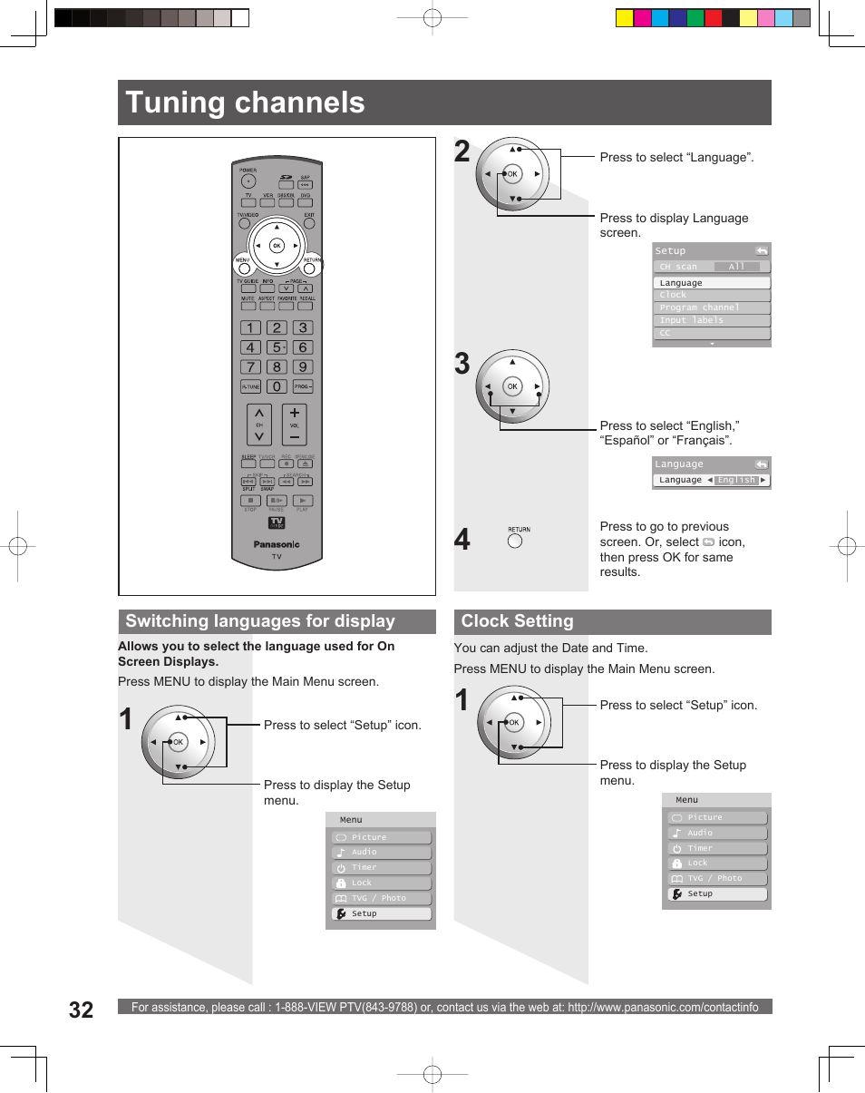 Tuning channels, Switching languages for display, Clock setting | Panasonic PT-61DLX26 User Manual | Page 32 / 92