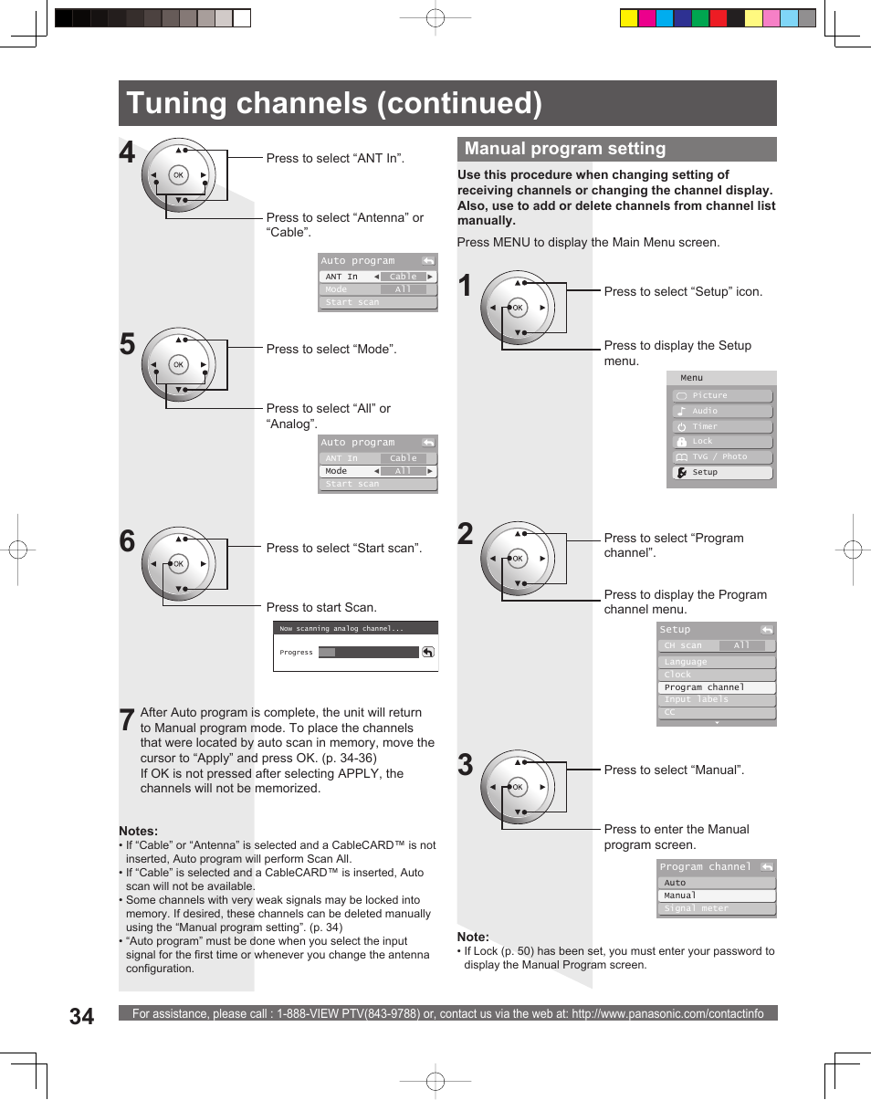 Tuning channels (continued), Manual program setting | Panasonic PT-61DLX26 User Manual | Page 34 / 92