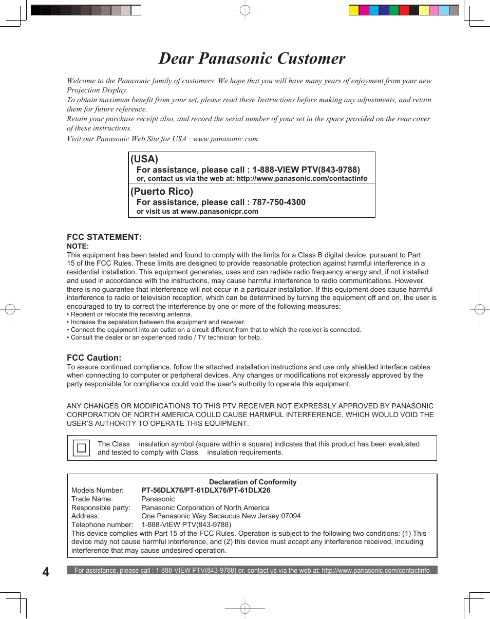 Dear panasonic customer, Usa), Puerto rico) | Panasonic PT-61DLX26 User Manual | Page 4 / 92