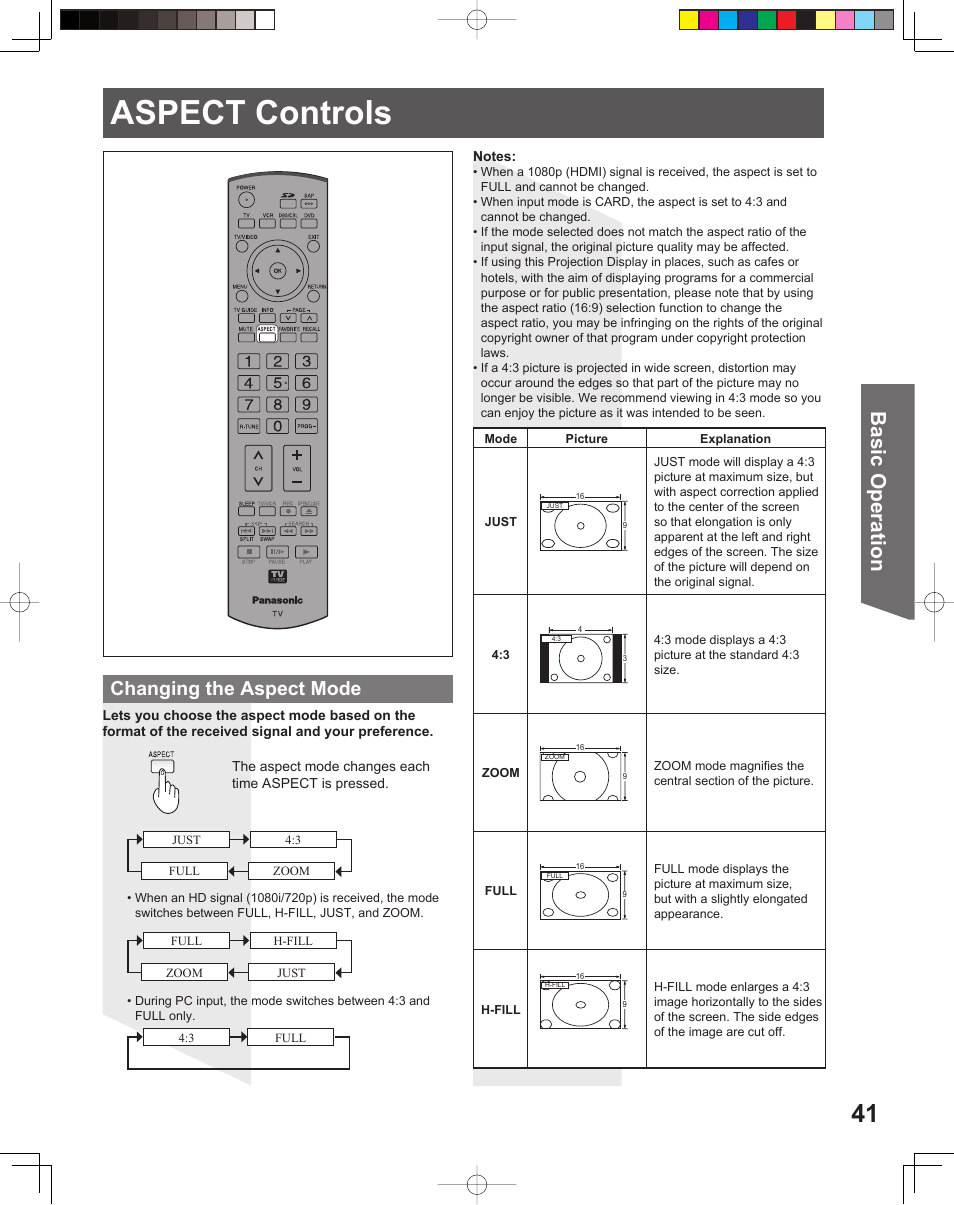 Aspect controls, Aspect con trols, Basic operation | Changing the aspect mode | Panasonic PT-61DLX26 User Manual | Page 41 / 92