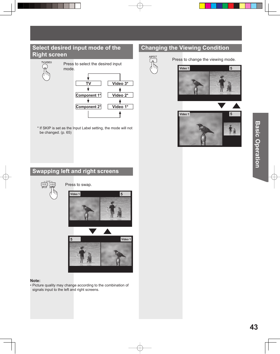 Basic operation, Swapping left and right screens, Select desired input mode of the right screen | Changing the viewing condition | Panasonic PT-61DLX26 User Manual | Page 43 / 92