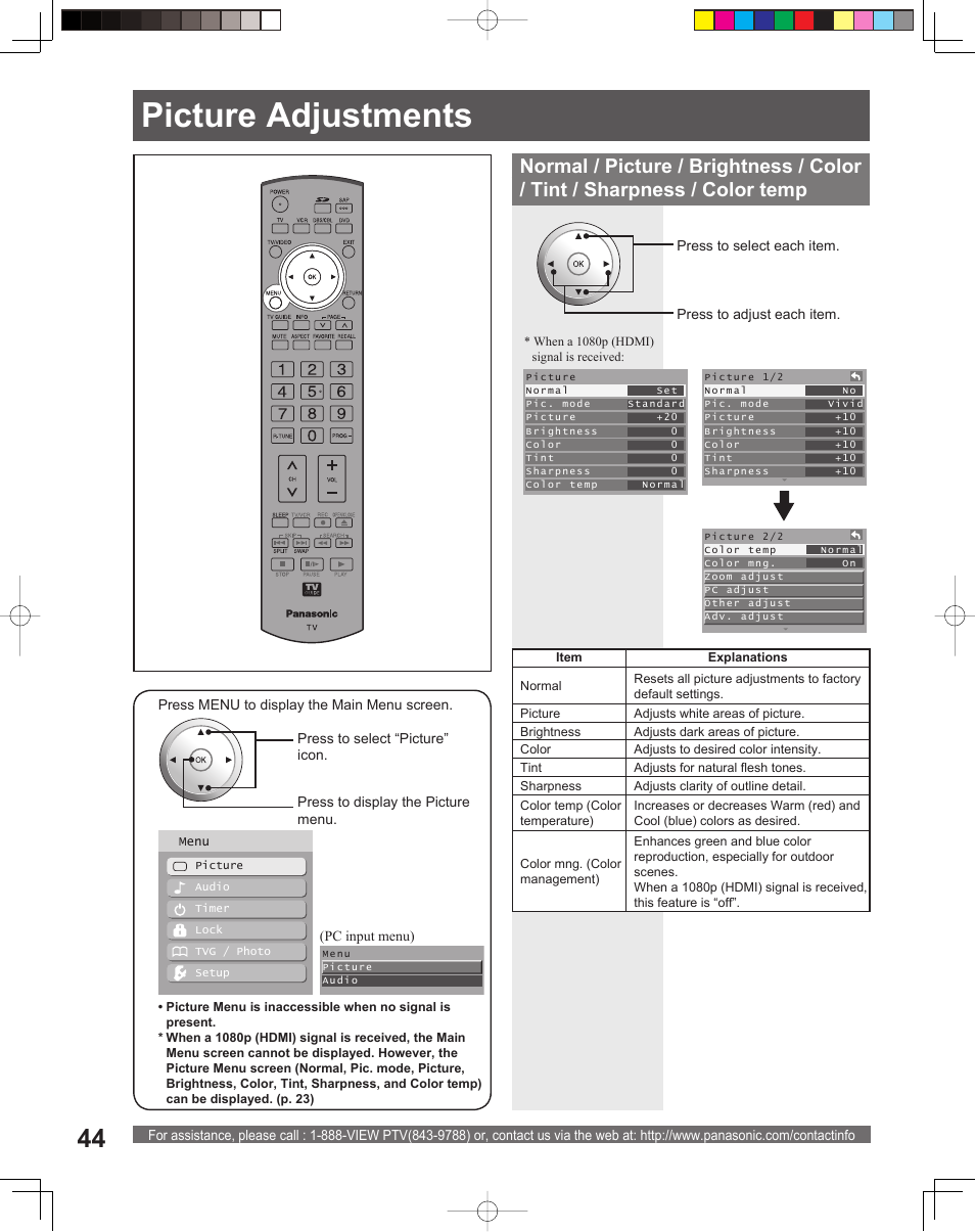 Enjoy more, Picture adjustments | Panasonic PT-61DLX26 User Manual | Page 44 / 92