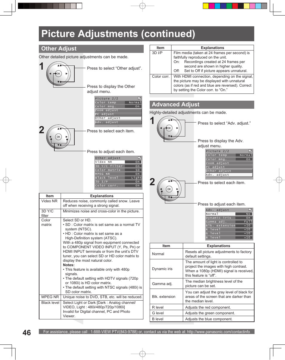 Picture adjustments (continued), Advanced adjust, Other adjust | Panasonic PT-61DLX26 User Manual | Page 46 / 92