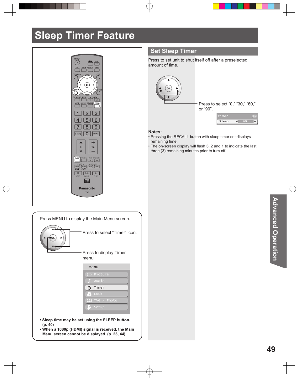 Sleep timer feature, Advanced op er a tion, Set sleep timer | Panasonic PT-61DLX26 User Manual | Page 49 / 92