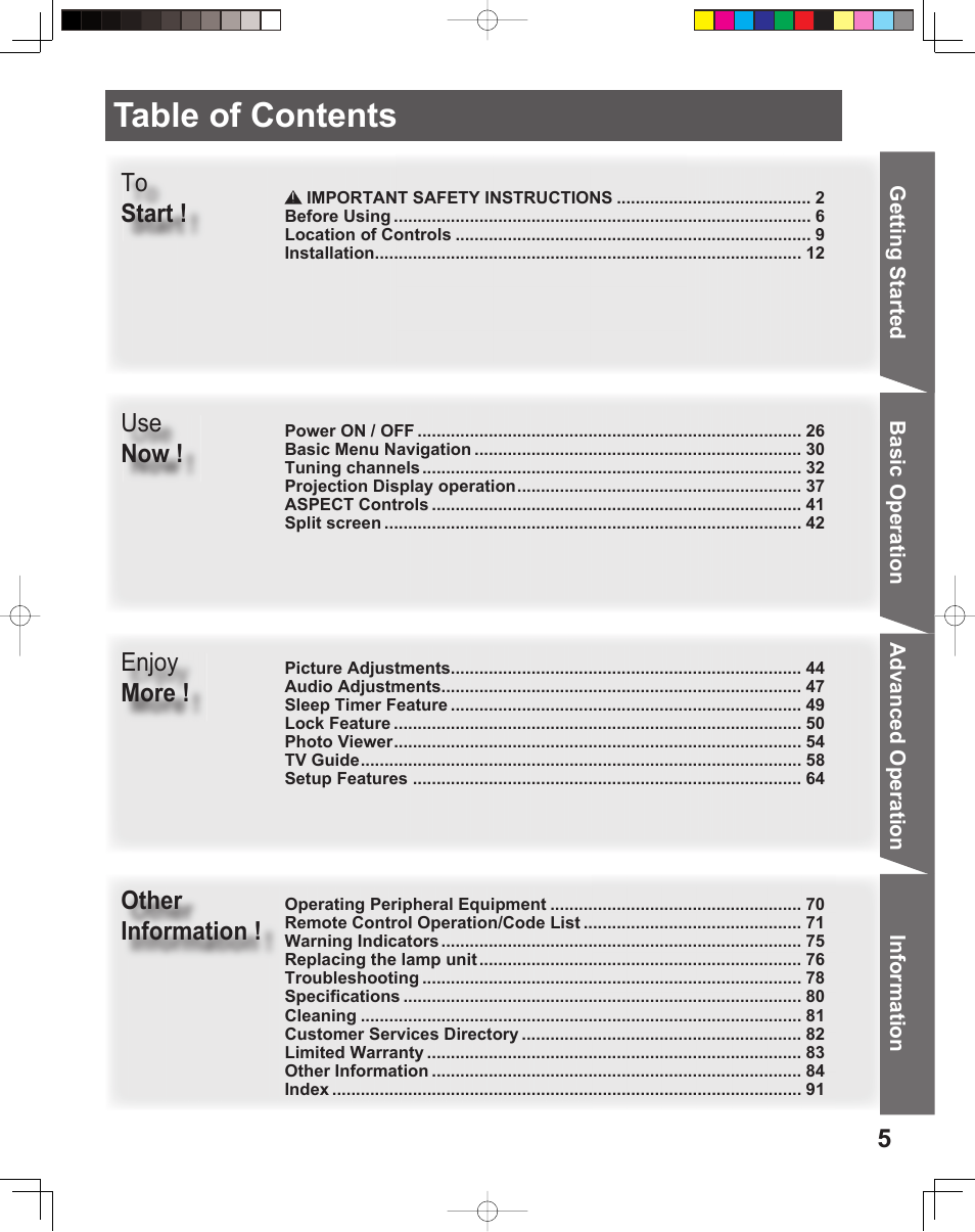 Panasonic PT-61DLX26 User Manual | Page 5 / 92