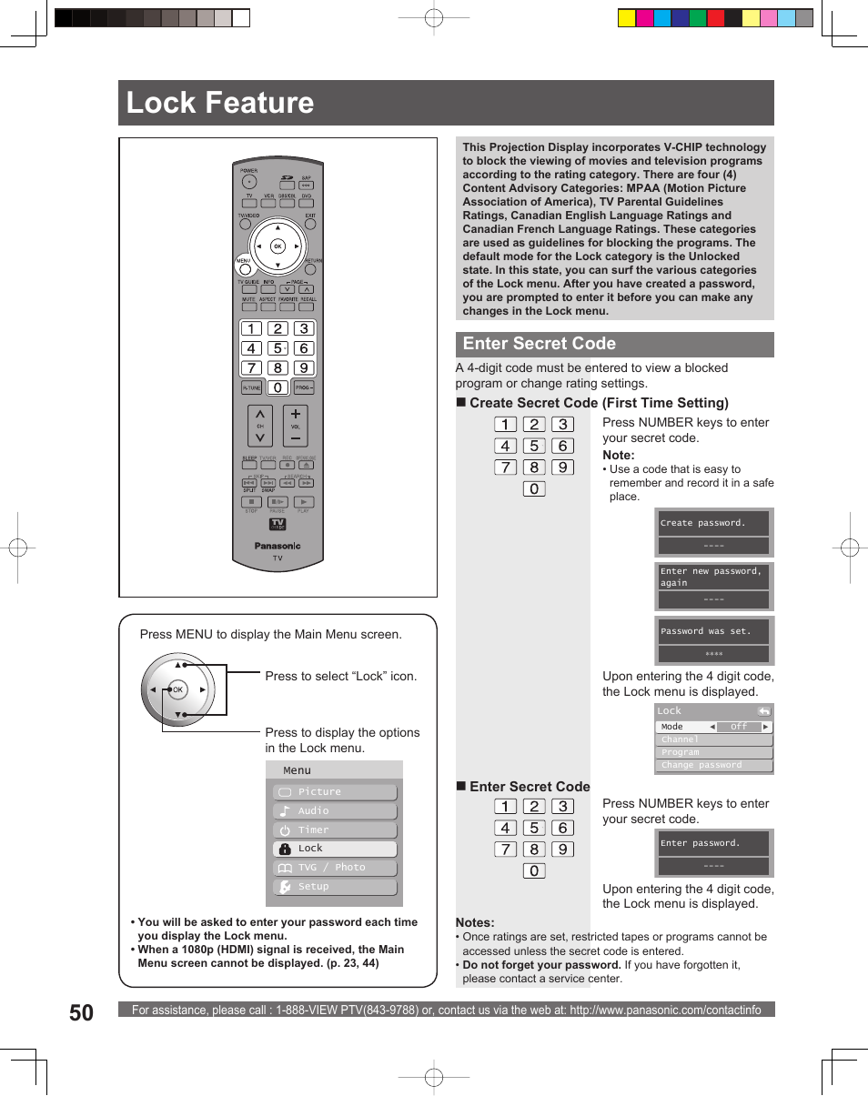 Lock feature, Enter secret code | Panasonic PT-61DLX26 User Manual | Page 50 / 92