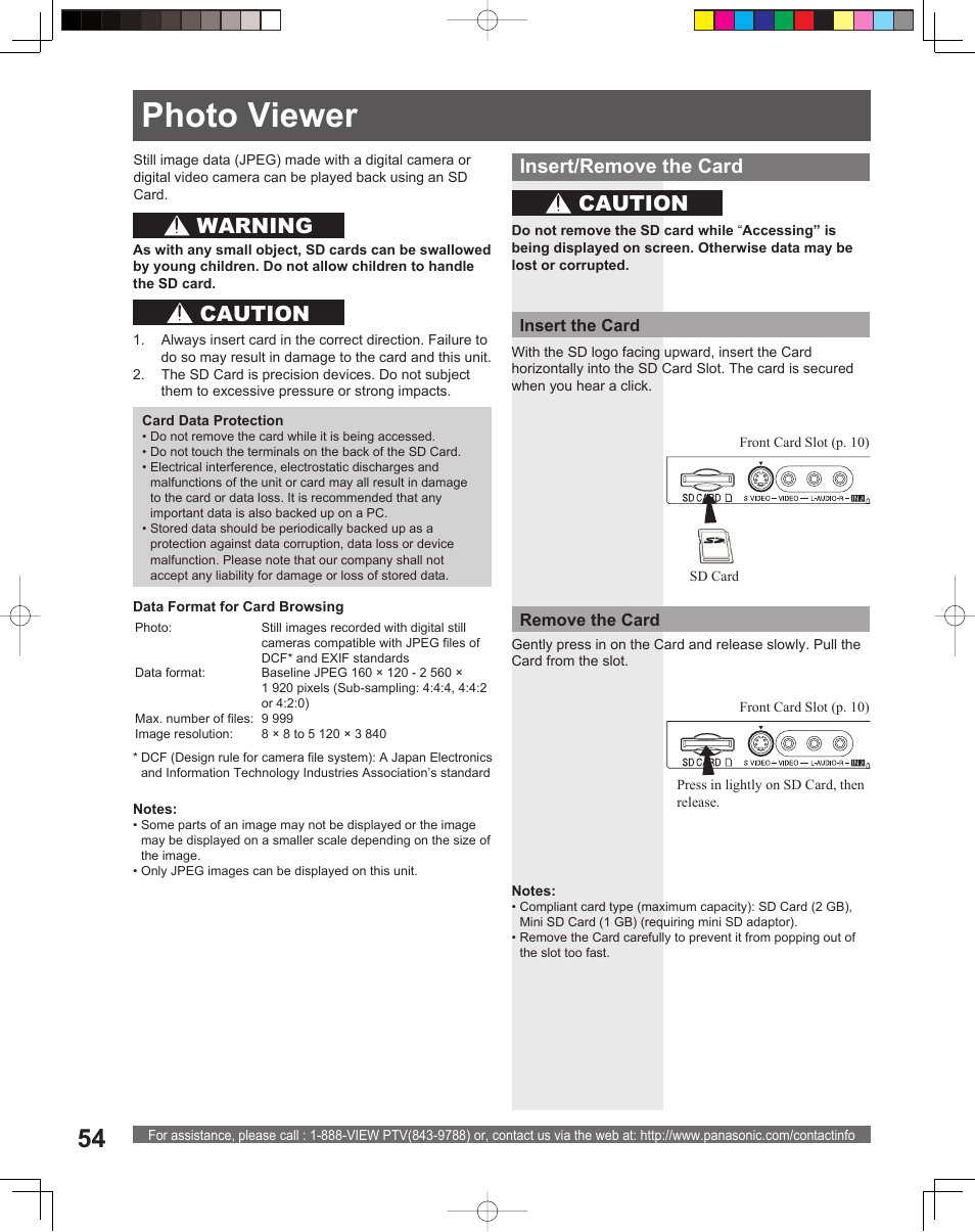 Photo viewer, Warning caution, Caution | Insert/remove the card | Panasonic PT-61DLX26 User Manual | Page 54 / 92