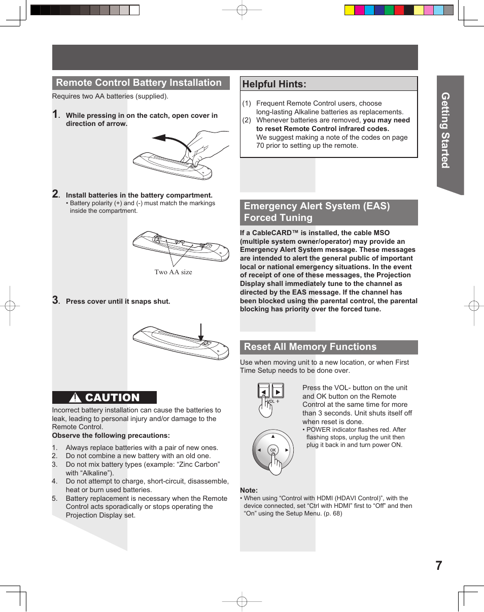 Getting start ed, Caution, Emergency alert system ( eas) forced tuning | Remote control battery installation, Helpful hints | Panasonic PT-61DLX26 User Manual | Page 7 / 92